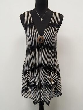 Paradise Knit Beach Cover Up Sleeveless Black White Boho Swim Layer M/L